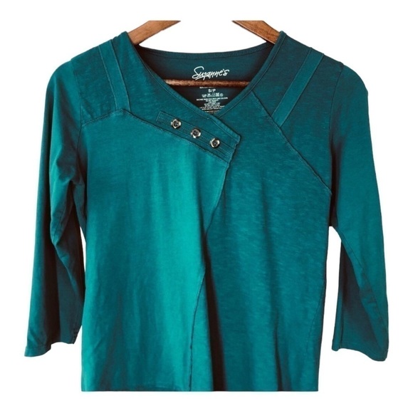 4/$45 SUZANNE’S Teal 3/4 Sleeve Asymmetrical Tunic Top XS - Picture 3 of 5